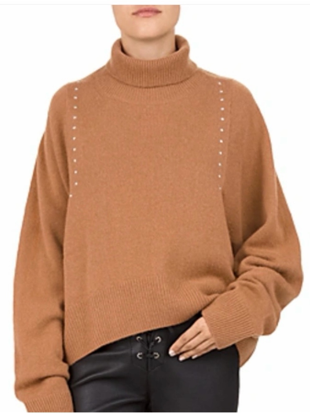 The Kooples Camel Turtleneck Sweater with Shoulder Studs